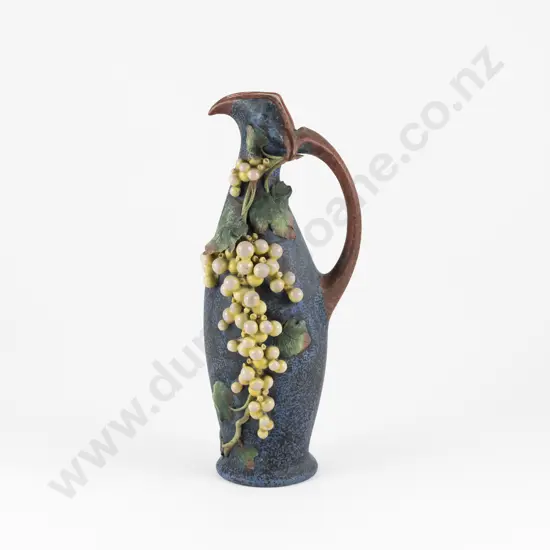Early C20th Amphora Jug Decorated With Stylised Grape Vine On Blue Ground