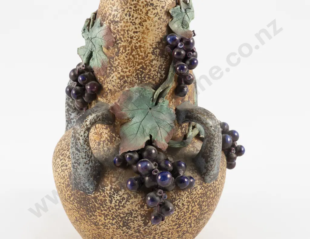 Early C20th Amphora Four Handled Vase Decorated With Stylised Grape Vine On Brown Ground Image 1++