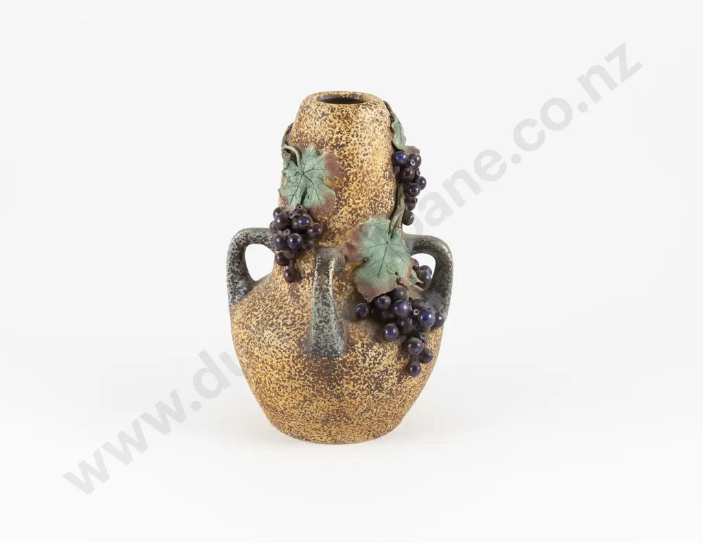 Early C20th Amphora Four Handled Vase Decorated With Stylised Grape Vine On Brown Ground Image 1++