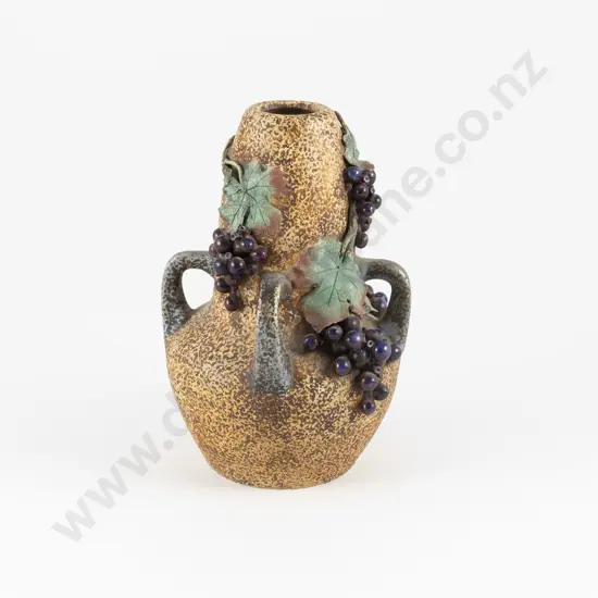 Early C20th Amphora Four Handled Vase Decorated With Stylised Grape Vine On Brown Ground