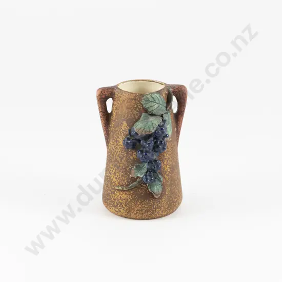 Early C20th Amphora Double Handled Vase Decorated With Stylised Blackberry Vine on Brown Ground