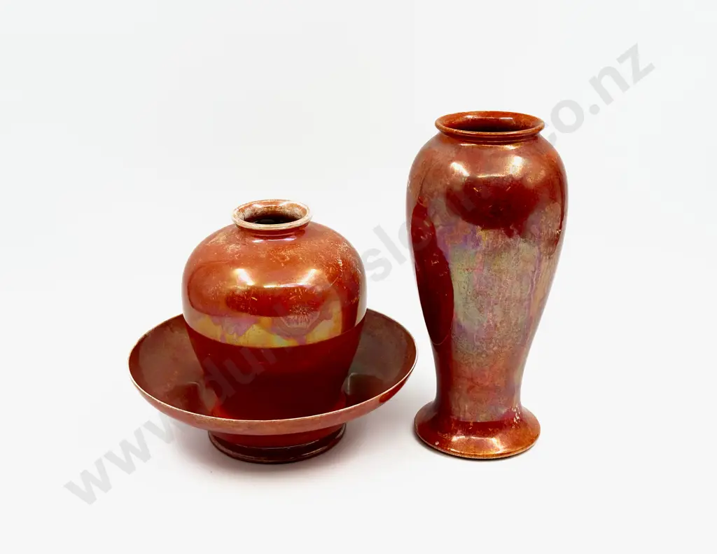 Two Ruskin Orange Lustre Vases & Bowl Image 1++