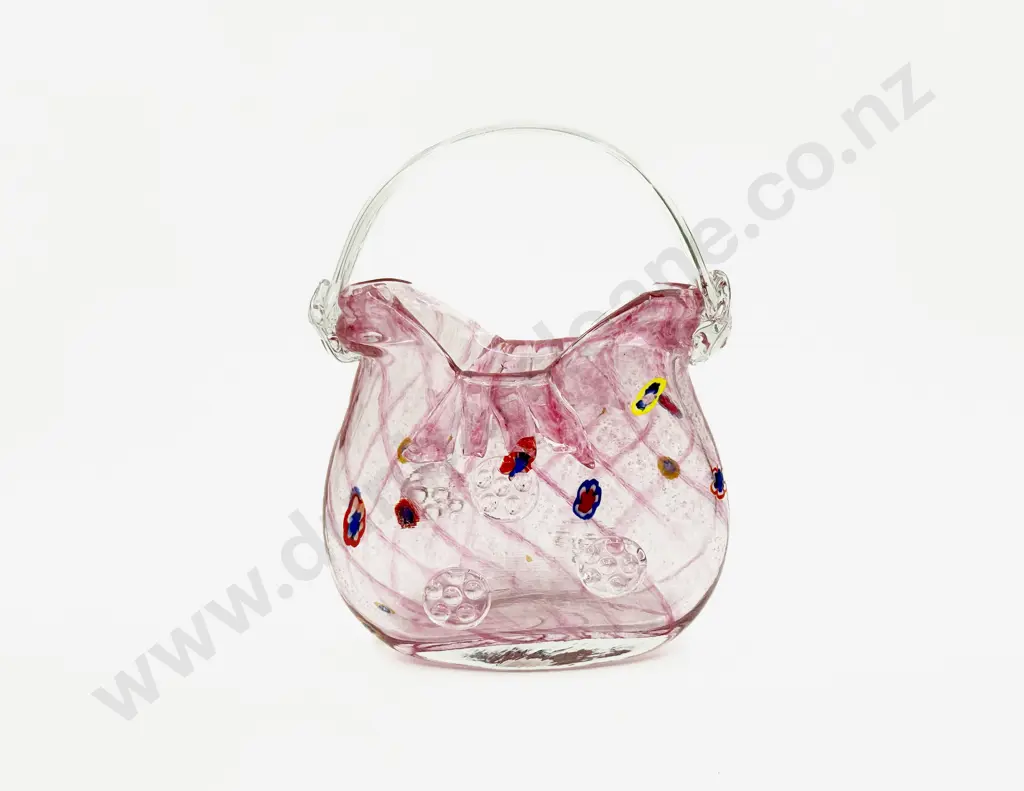 Italian Millefiori Scattered & Applied Rondel Glass Basket Vase Image 1++