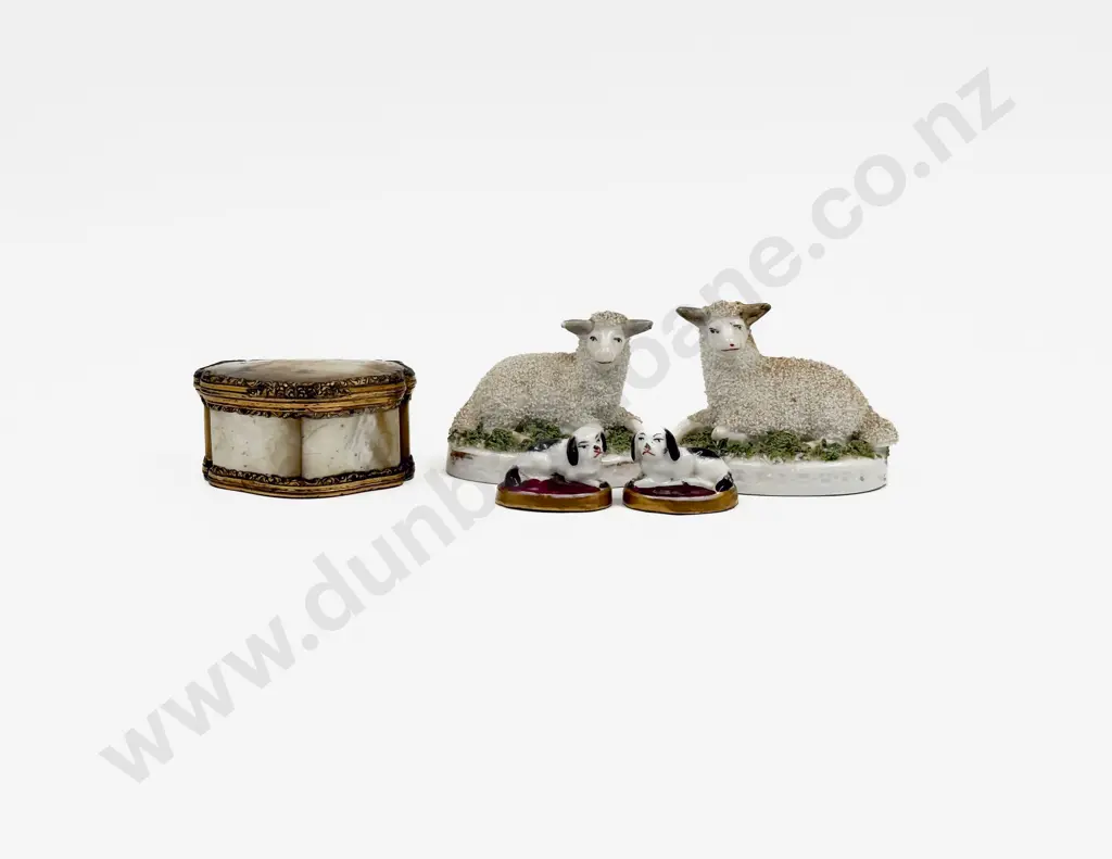 Pair German Encrusted Reclining Sheep Figures Pair Spaniel Miniatures & MOP Box Image 1++