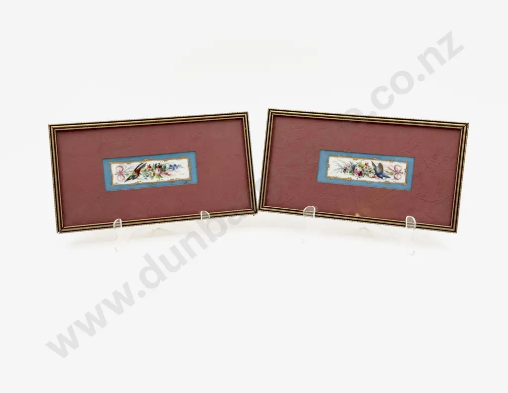 Pair Framed Sevres Pattern Hand Painted Porcelain Tiles Image 1++
