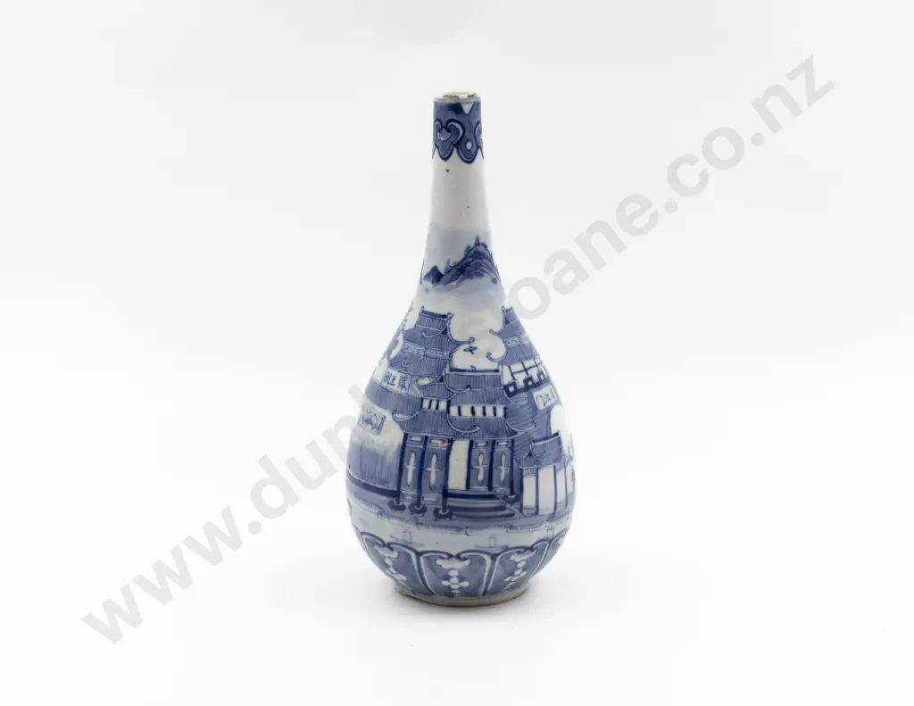 C19th Blue & White Bottle Vase Image 1++