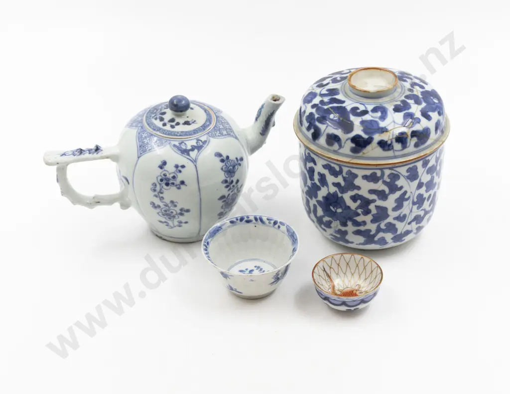 C19th Blue & White Lidded Bowl Teapot & Two Wine Cups Image 1++