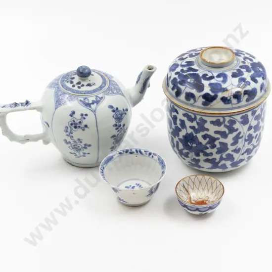 C19th Blue & White Lidded Bowl Teapot & Two Wine Cups