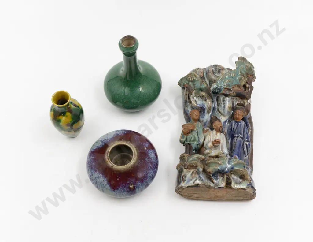 Three Small Posy Vases & Glazed Terracotta Figured Wall Vase Image 1++