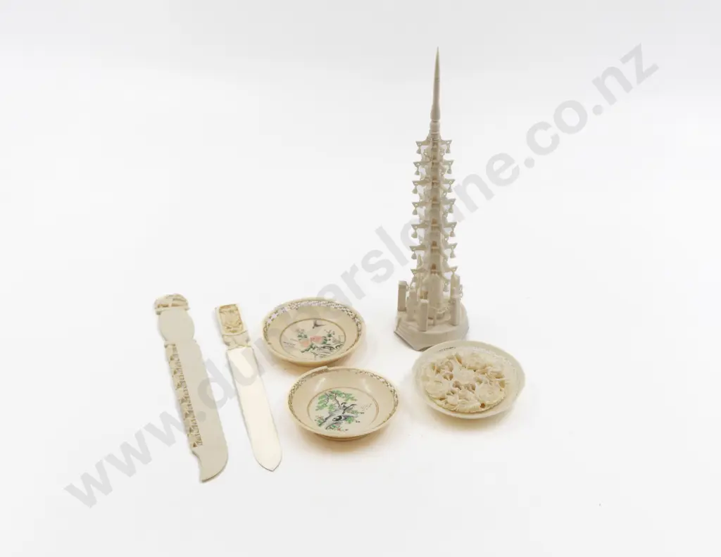 Three Carved & Painted Ivory Dishes Two Letter Openers & Tower Image 1++