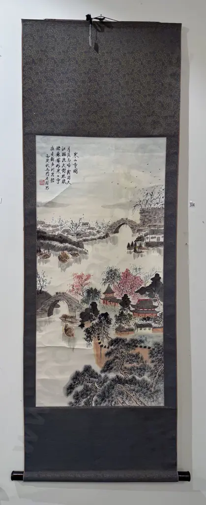 Antique Village Landscape Scroll on Brocade Image 1++