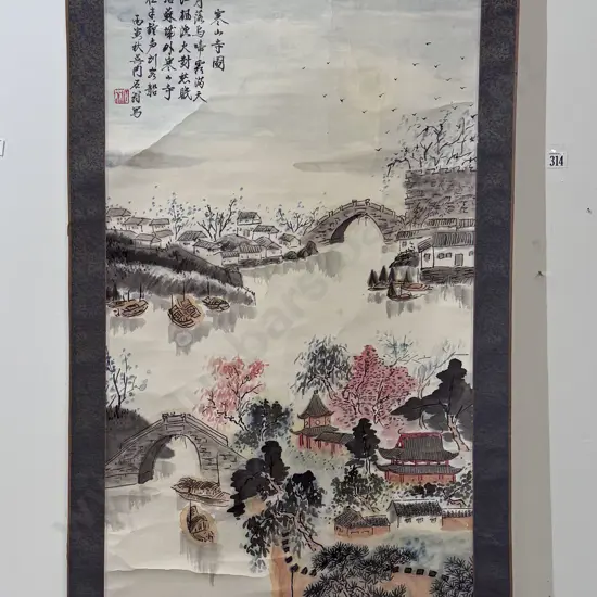 Antique Village Landscape Scroll on Brocade