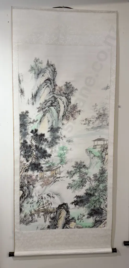Antique Mountainous Landscape Scroll On Brocade Image 1++