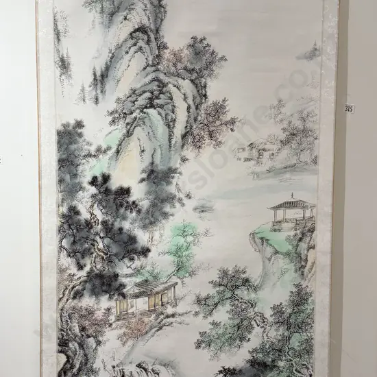 Antique Mountainous Landscape Scroll On Brocade