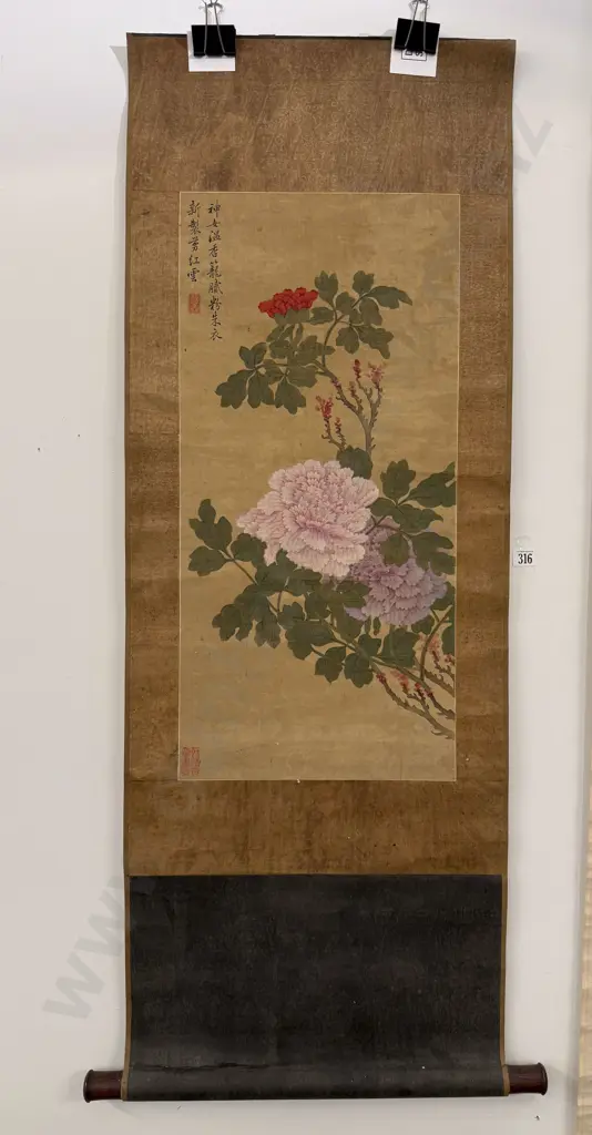 Antique Chrysanthemum Branch Scroll On Brocade Image 1++