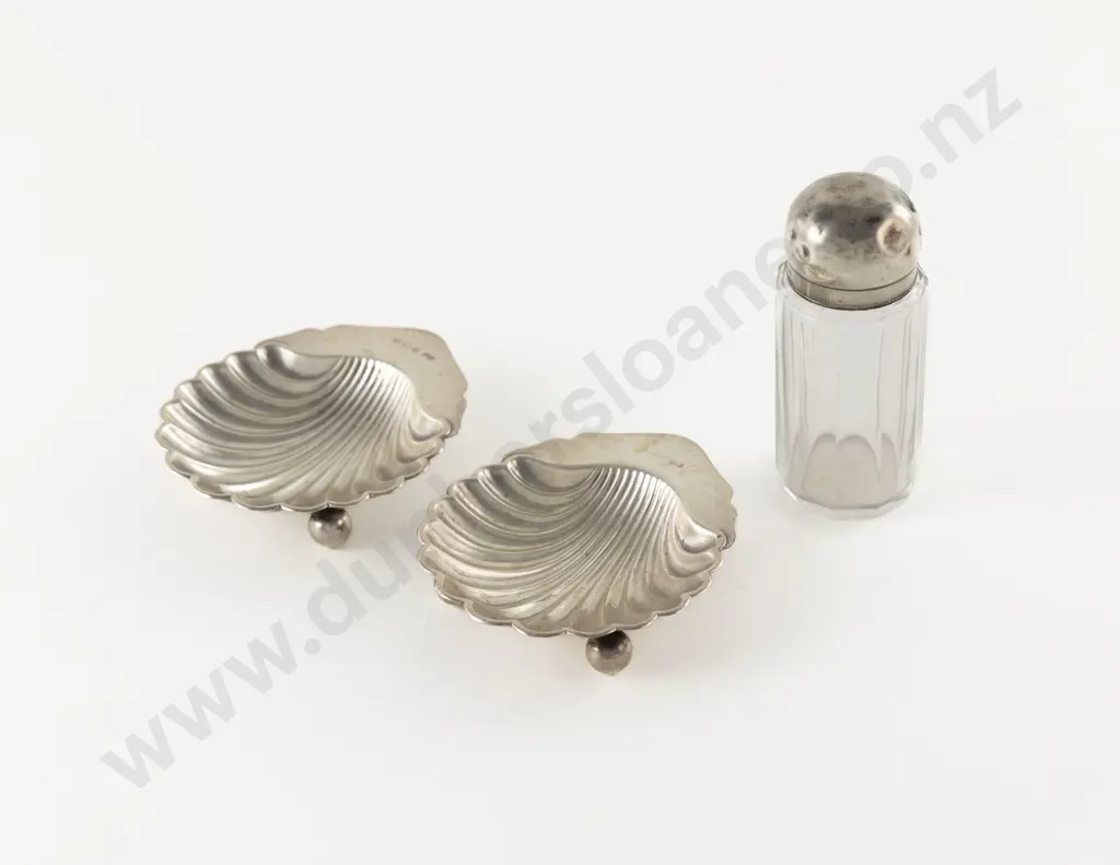 Two S/S Scallop Shaped Butter Dishes & Vict S/S Top Faceted Glass Vanity Jar Image 1++
