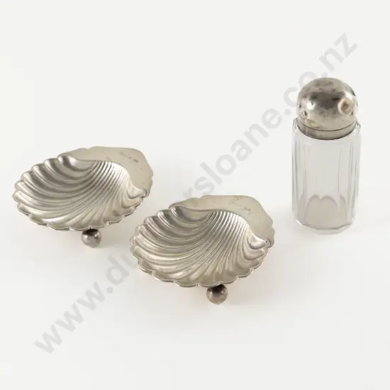 Two S/S Scallop Shaped Butter Dishes & Vict S/S Top Faceted Glass Vanity Jar