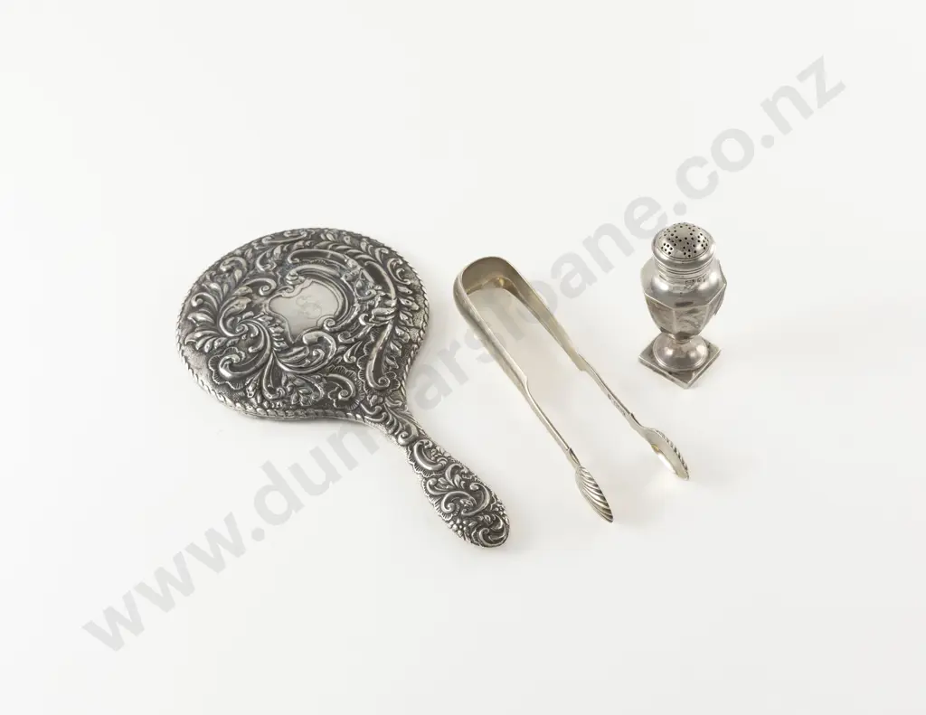 Pair Geo IV Scottish S/S Sugar Tongs, Edw VII Pepperette & S/S Backed Hand Mirror Image 1++