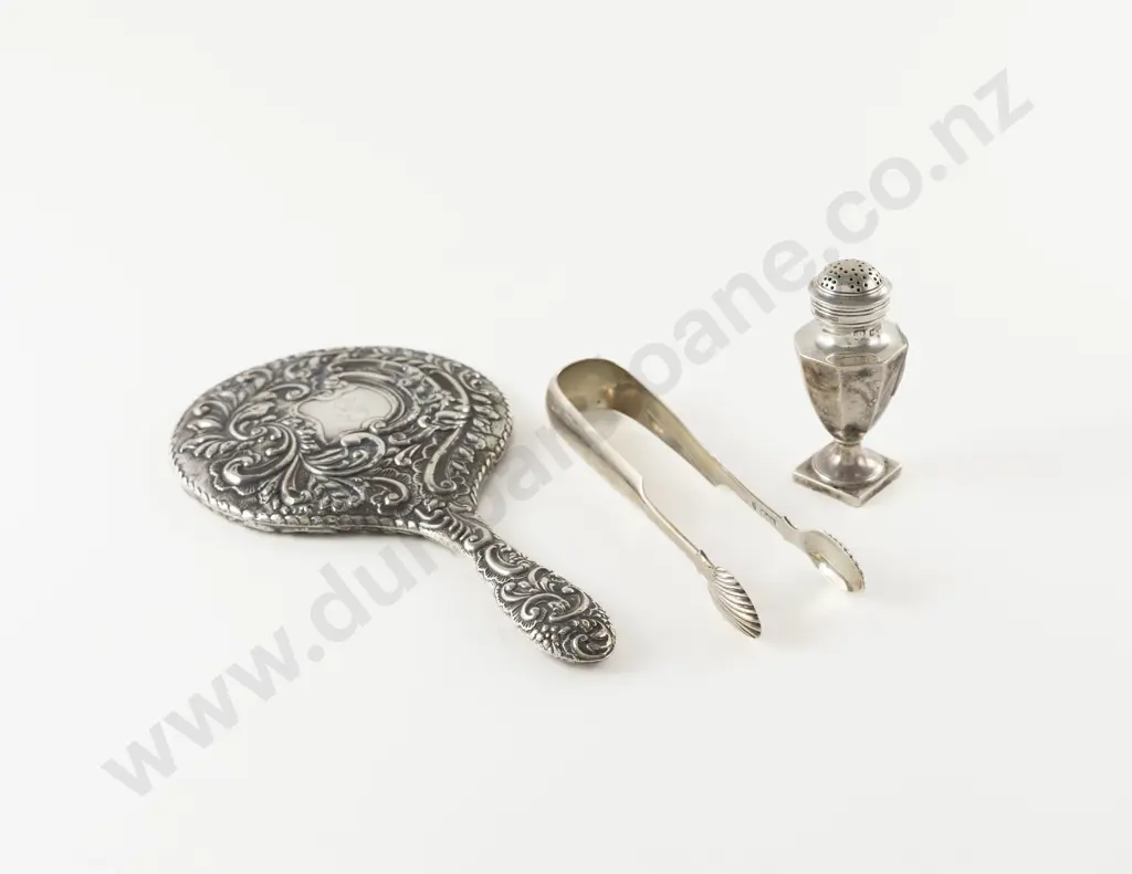 Pair Geo IV Scottish S/S Sugar Tongs, Edw VII Pepperette & S/S Backed Hand Mirror Image 1++