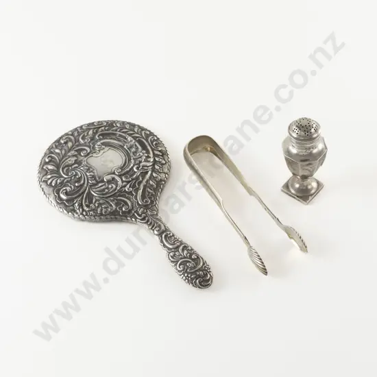 Pair Geo IV Scottish S/S Sugar Tongs, Edw VII Pepperette & S/S Backed Hand Mirror