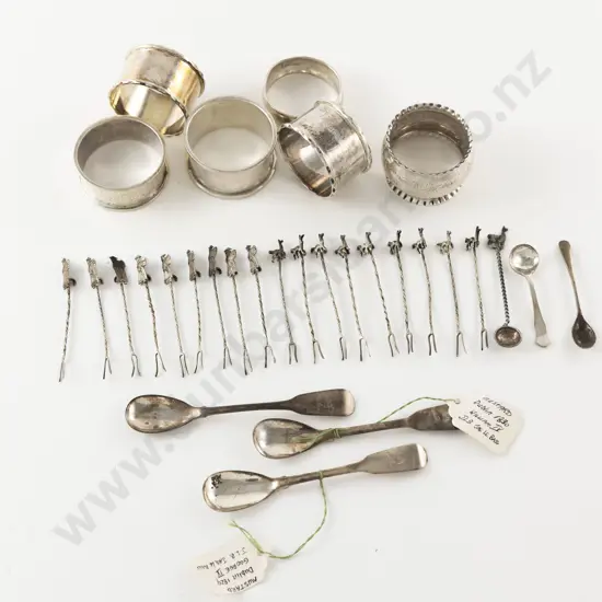 6 S/S Napkin Rings & 5 S/S Salt Spoons & Group Of Asian Cocktail Sticks