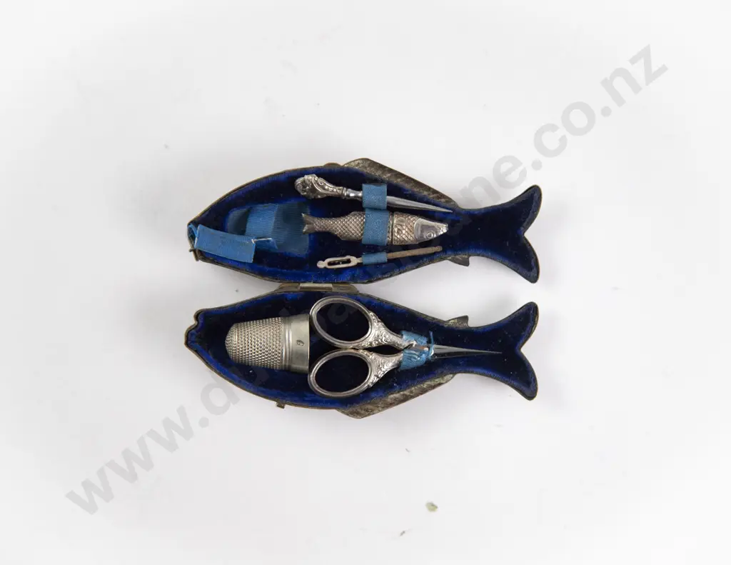 C1870 French Metal Fish Sewing Etui with Tools and Thimble Image 1++