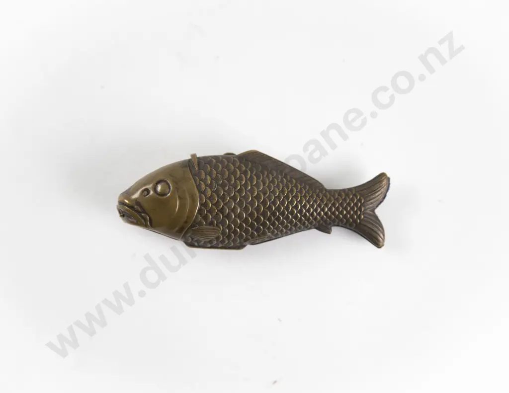 C1870 French Metal Fish Sewing Etui with Tools and Thimble Image 1++