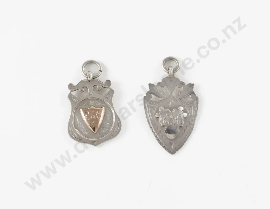 Two S/S Shield Watch Chain Fobs Image 1++