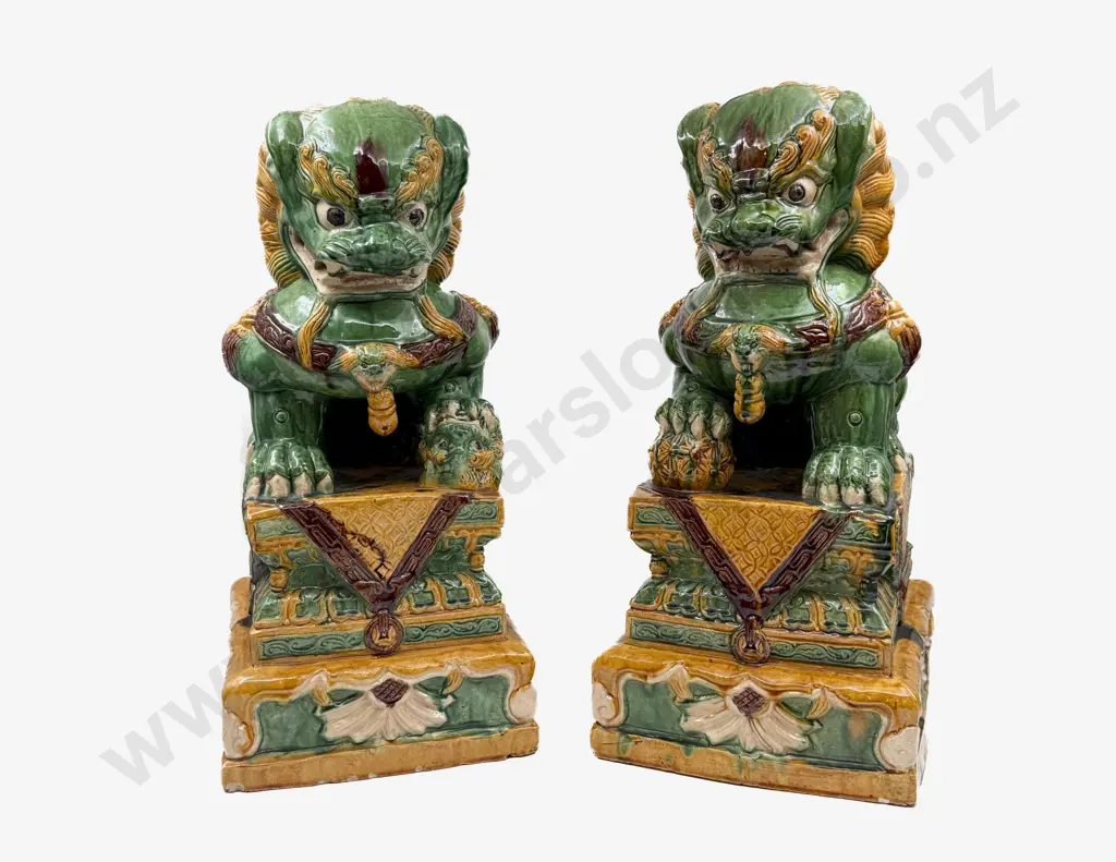 Pair Early C20th Majolica Glazed Temple Dogs On Throne Plinths Image 1++
