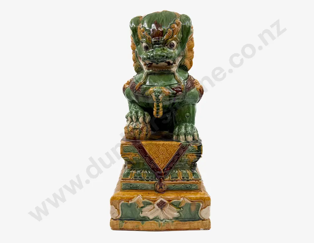 Pair Early C20th Majolica Glazed Temple Dogs On Throne Plinths Image 1++