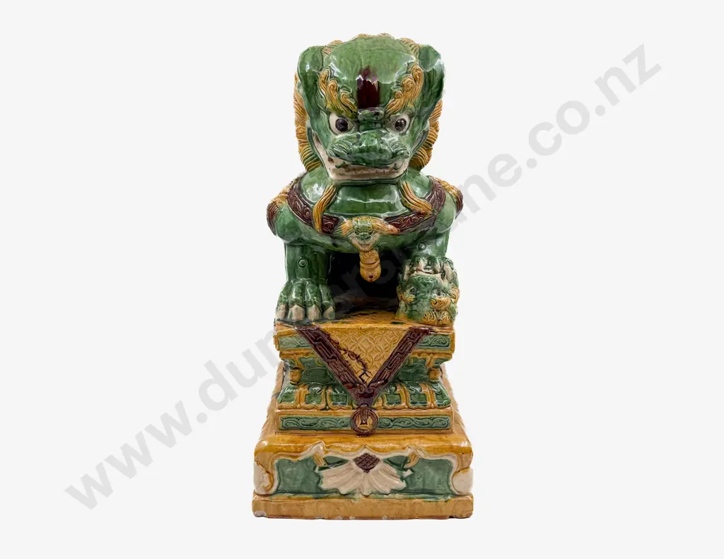 Pair Early C20th Majolica Glazed Temple Dogs On Throne Plinths Image 1++