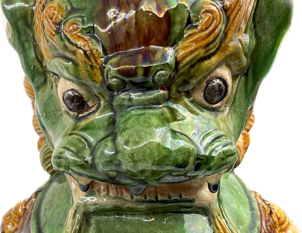 Pair Early C20th Majolica Glazed Temple Dogs On Throne Plinths Image 1++