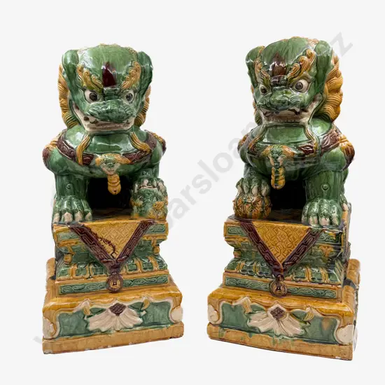 Pair Early C20th Majolica Glazed Temple Dogs On Throne Plinths