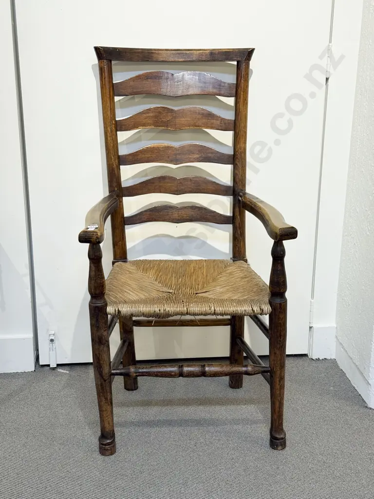 C19th Oak Ladder Back Open Elbow Chair Image 1++