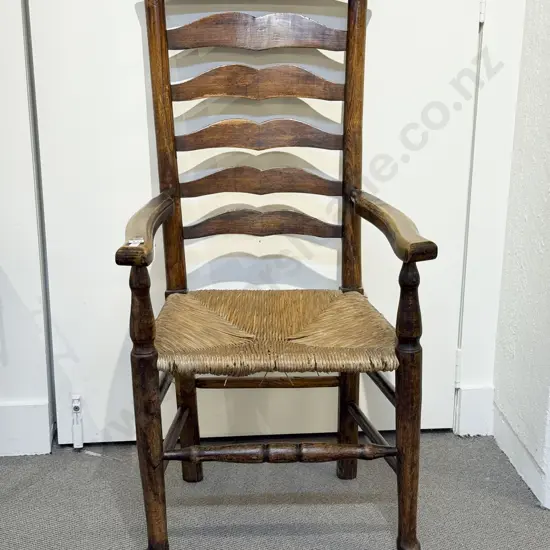 C19th Oak Ladder Back Open Elbow Chair