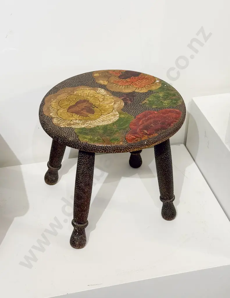 Small Floral Painted Poker Work Circular Stool Image 1++