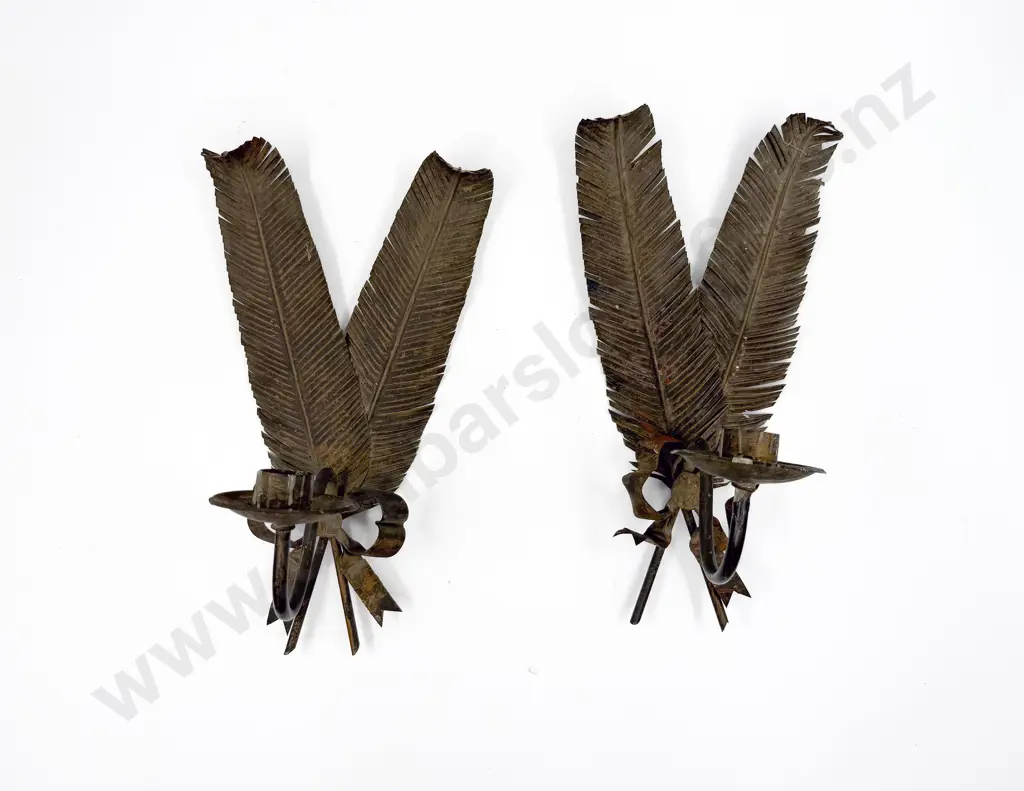Pair C19th French Patinated Tin Leaf & Ribbon Form Candle Sconces Image 1++