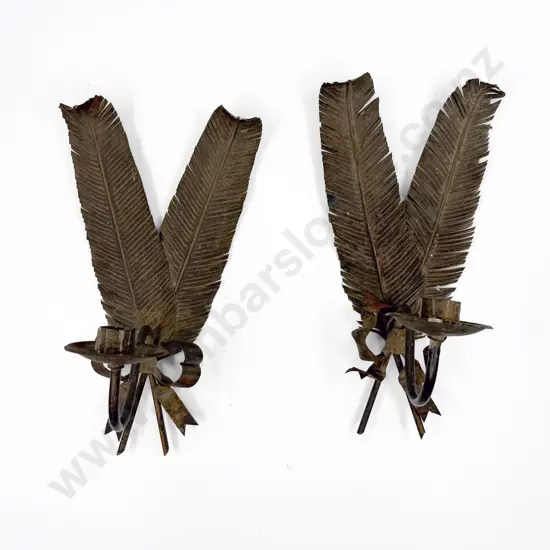 Pair C19th French Patinated Tin Leaf & Ribbon Form Candle Sconces