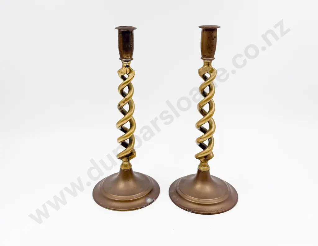 Pair Edwardian Copper & Brass Barley Twist Stem Candlesticks Image 1++