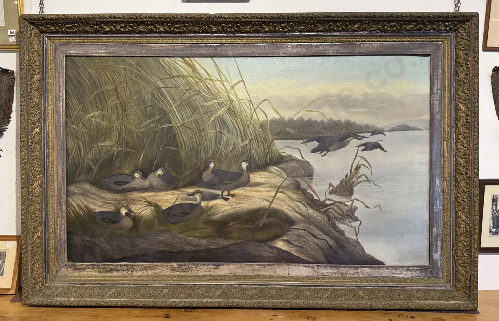 Unknown C19th Artist - Lake Study With NZ Grey Ducks Image 1++