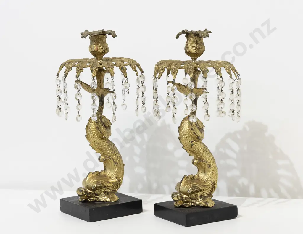 Pair C19th Gilt Bronze Dolphin Candlesticks Image 1++