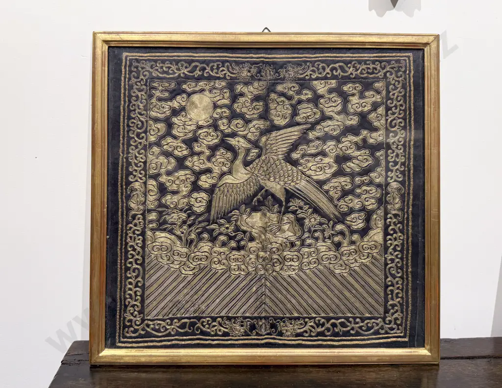 Framed Antique Chinese Court Insignia Panel Image 1++