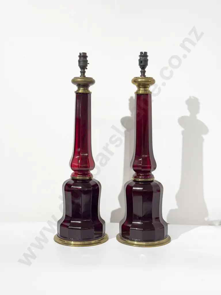 Pair C20th Ruby Glass Column Table Lamps Image 1++