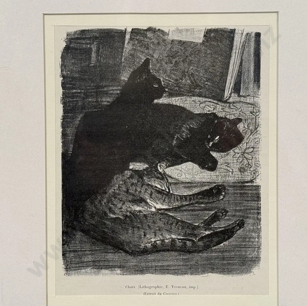 Two French Lithographic Prints - Cats & Roosters Image 1++