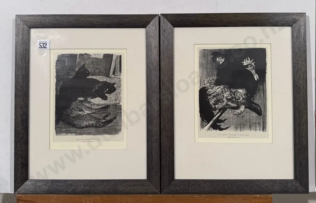Two French Lithographic Prints - Cats & Roosters Image 1++