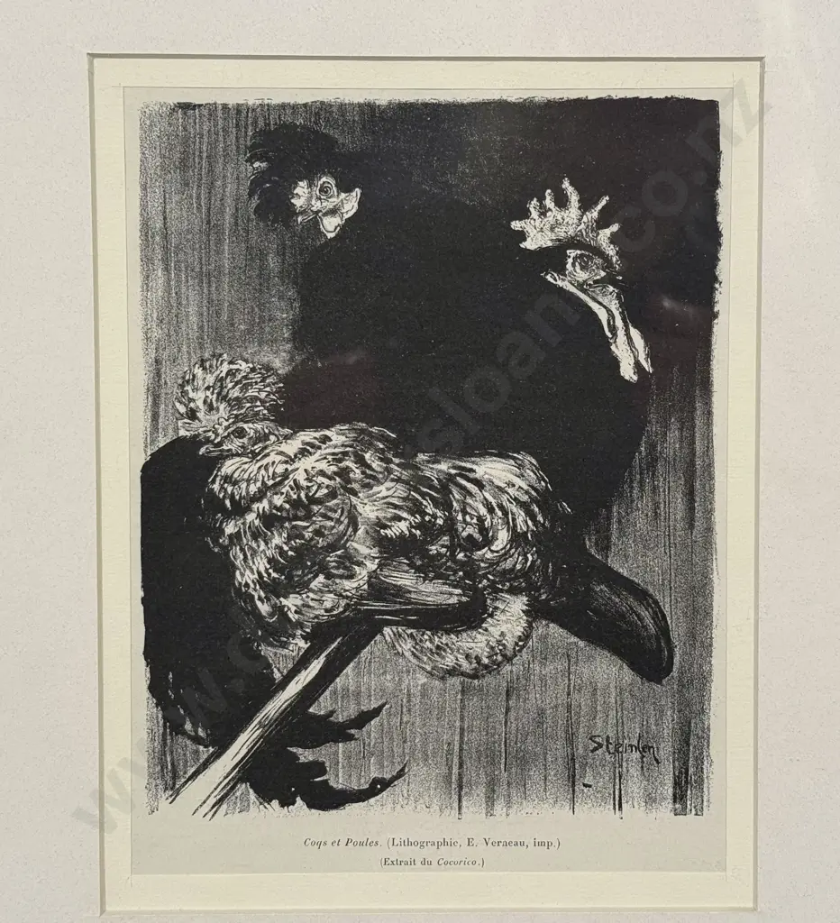Two French Lithographic Prints - Cats & Roosters Image 1++