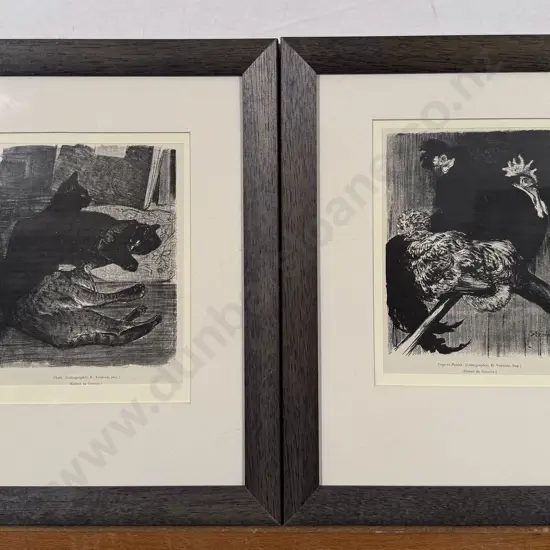 Two French Lithographic Prints - Cats & Roosters
