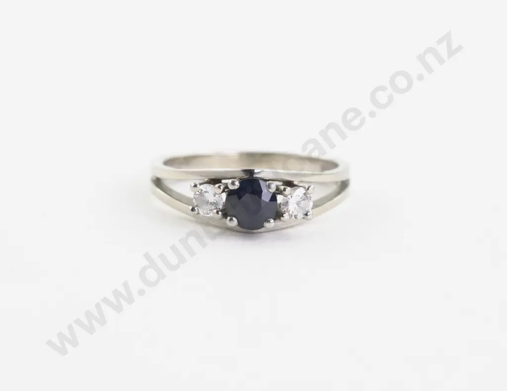 18ct White Gold Three Stone Sapphire and Diamond Ring Image 1++