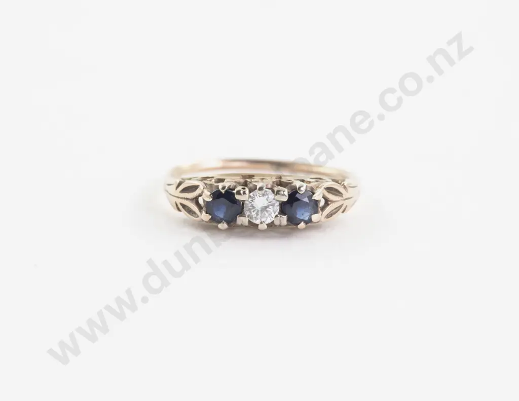 9ct Three Stone Sapphire and Diamond Bridge Ring Image 1++