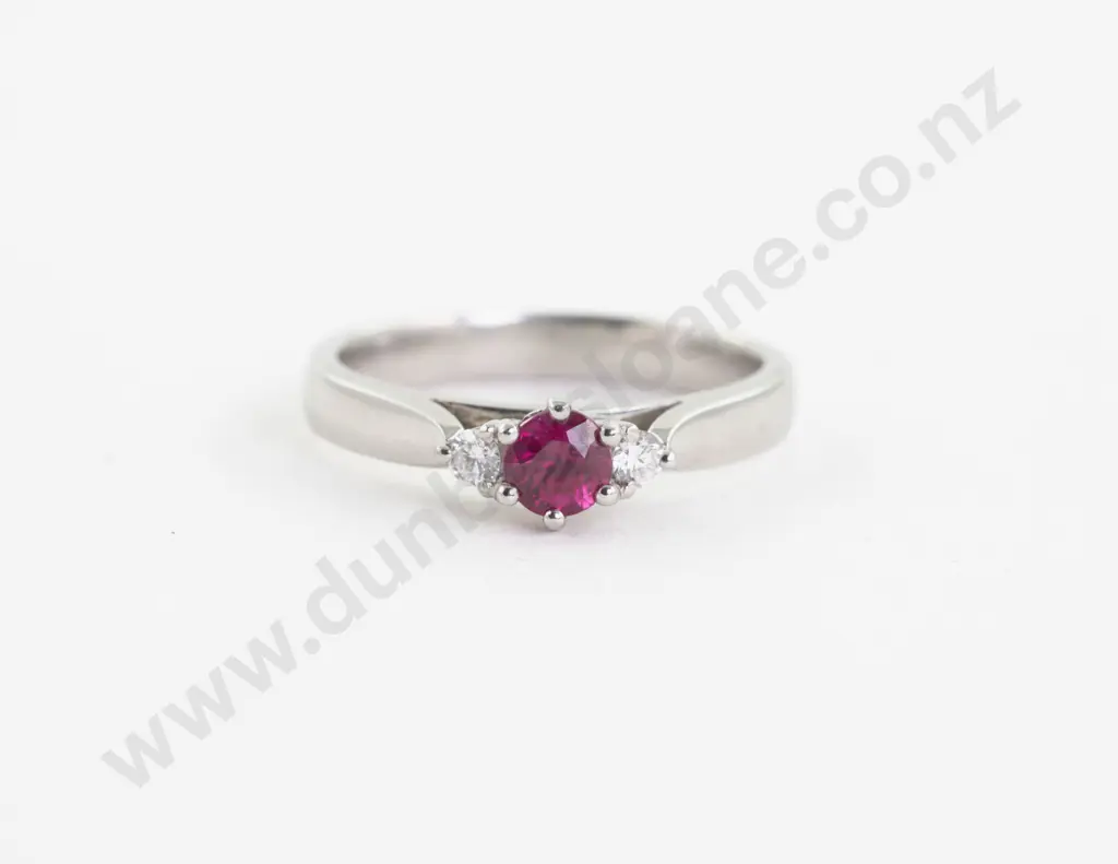 All Platinum Three Stone Diamond and Ruby Ring Image 1++